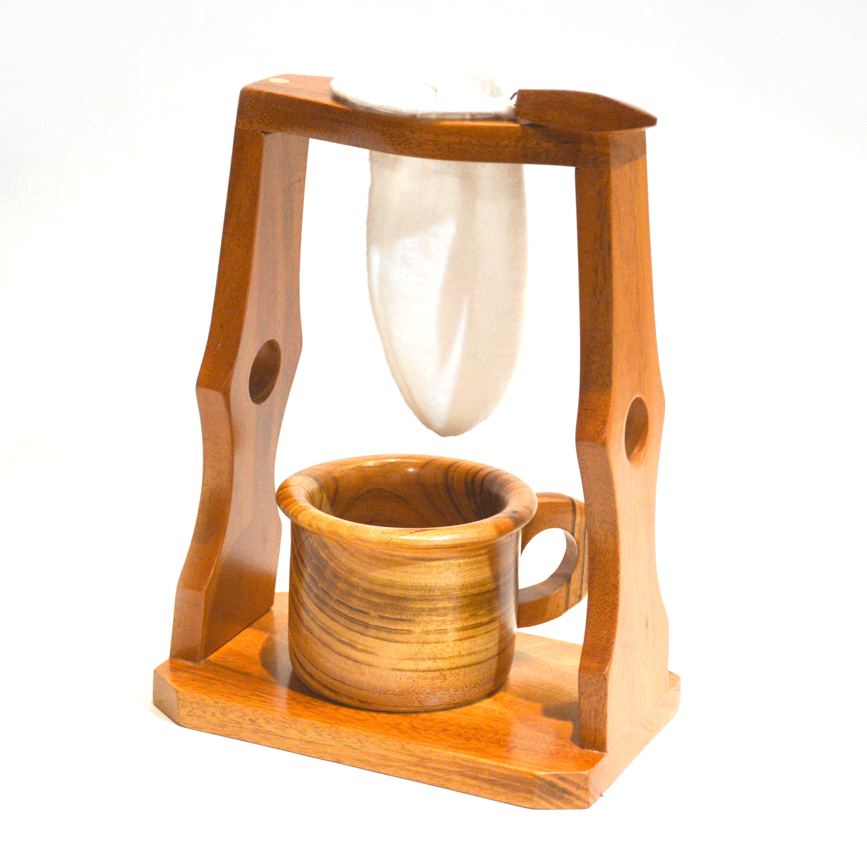 Wooden coffee brewer with mug and bag