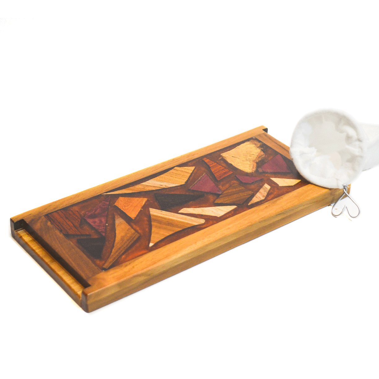 Wooden coffee brewer with resin and wood collage