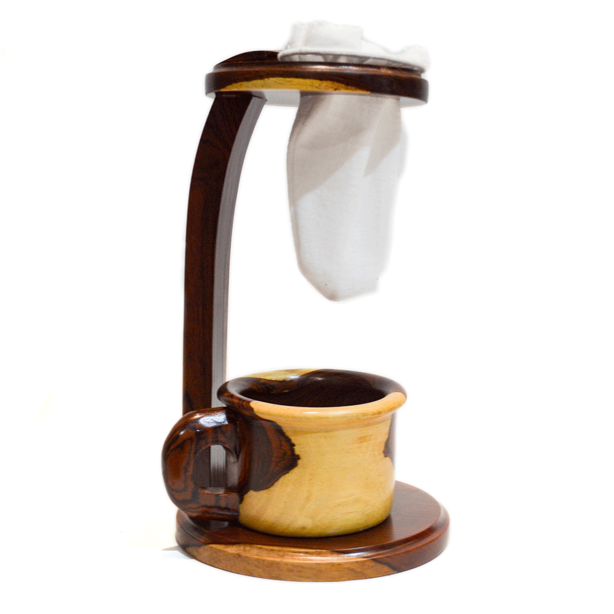Wooden coffee brewer with mug and bag