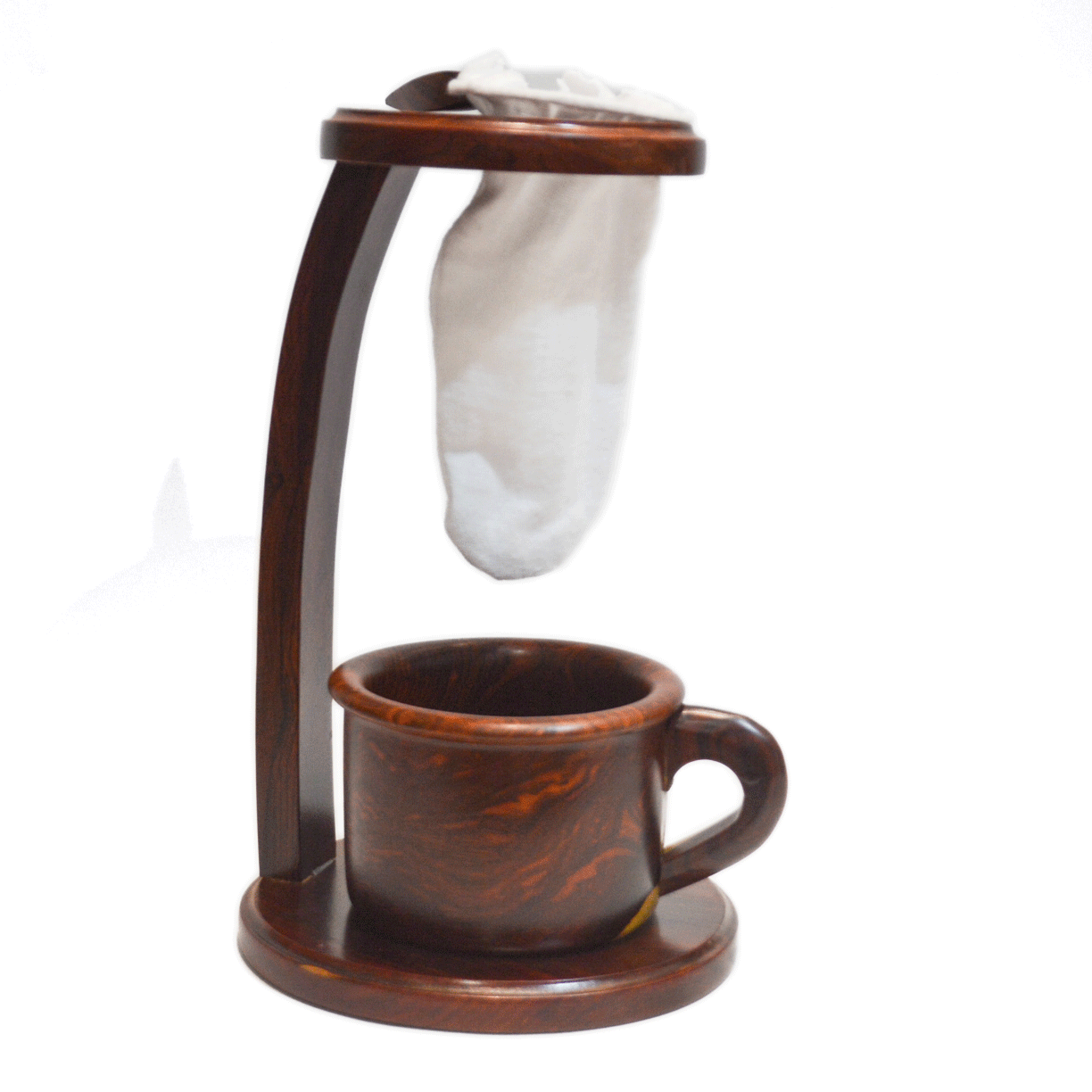 Wooden coffee brewer with mug and bag